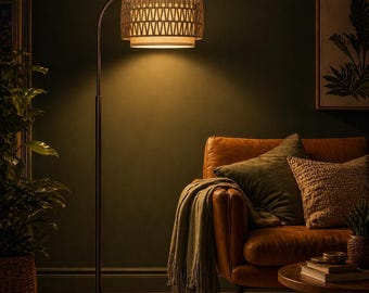 Rattan Boho Floor Lamp, Dimmable Arc Standing Lamp with Adjustable Shade, Farmhouse Tall Lamp for Living Room Bedroom Office, Bulb Included