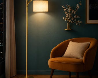 Modern Gold Arc Floor Lamp, Adjustable Shade, 3 Color LED Bulb, Tall Standing Lamp for Living Room Bedroom
