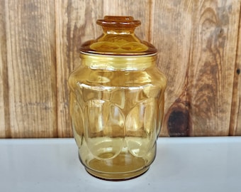 Vintage LE Smith Amber Glass Canister Jar, Thumbprint Design, Retro Honey Gold Glass Canister with Lid