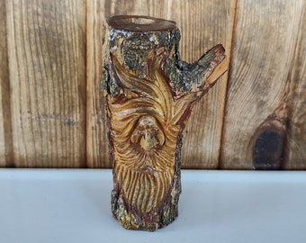 Vintage Spirit Wood Carving Candlestick, Carved Tree Branch Candle Holder, Carved Wood Face