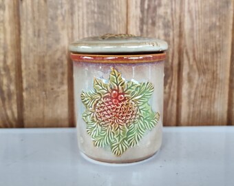 Vintage Canister with Pinecones, Crock with Lid, Pinecone Candy Jar