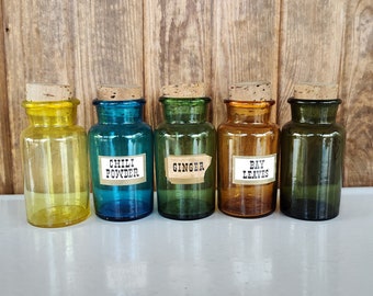 Vintage Colored Glass Bottles with Corks, Glass Spice Apothecary Jars, Set of 5 Colored Jars