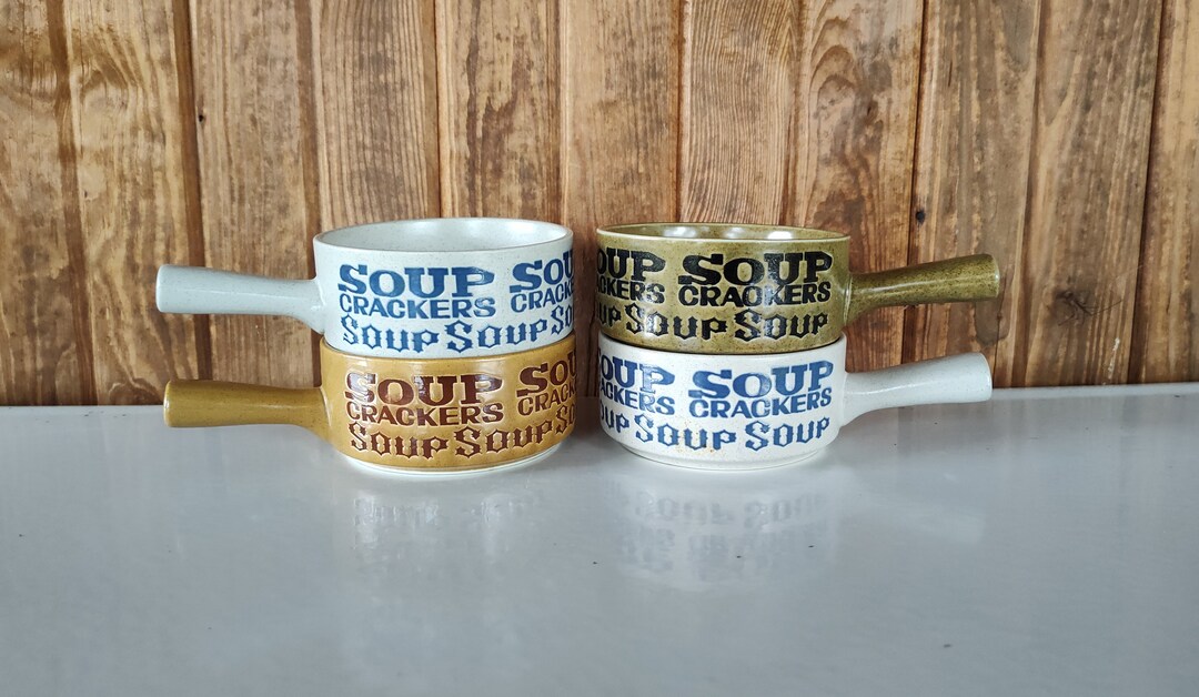 Vintage Stoneware Soup Mugs, Set of 4 Soup Bowls With Handles, Chili