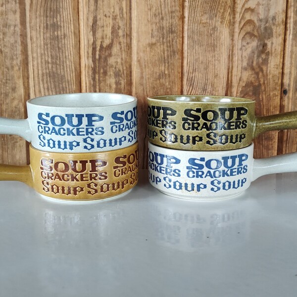 Vintage Stoneware Soup Mugs, Set of 4 Soup Bowls with Handles, Chili Bowls