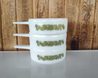 Milk Glass Ovenware Soup Bowls with Handles, Green Daisy Soup Bowls, Set of 3 Bowls