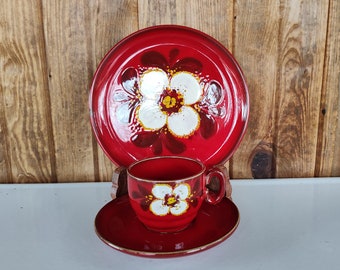 Winterling Feinkeramik Germany Geprutt Cup, Saucer and Plate, Red Winterling Feinkeramik with Flower