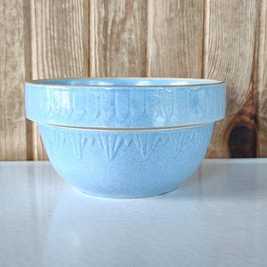 May include: A light blue ceramic mixing bowl with a speckled finish and a raised, repeating vertical pattern around the upper rim. The bowl features a distinct horizontal ridge separating the top section from the rounded base.