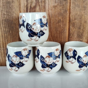 Vintage Japanese Ceramic Saki Cups: Figural Bird Men, Set of 4