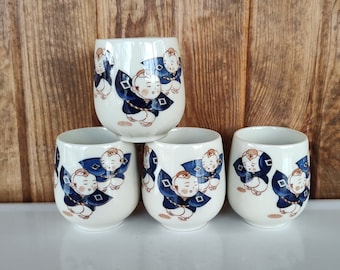 Vintage Japanese Saki Cups, Figural Saki Cups, Men Dressed as Birds, Set of 4 Saki Cups