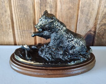 Gallery Originals Bronze Metal Grizzley Bear Sculpture, Terrell O'Brien Bear Fishing for Salmon Sculpture