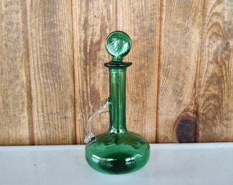 Vintage Green Glass Vinegar Cruet,  Green Glass Bottle with Stopper
