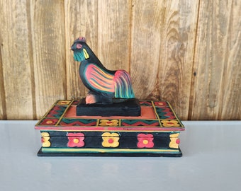 Colorful Wood Rooster Box, Vintage Carved Rooster Trinket Box, Folk Art Rooster