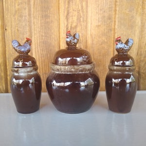 Vintage Tilso Rooster Salt and Pepper Shakers with Sugar Bowl: Drip Glaze Ceramic