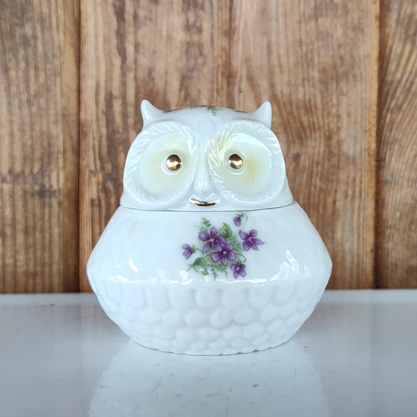 Lefton Owl Trinket Box, Vintage Owl Figurine with Purple Flowers