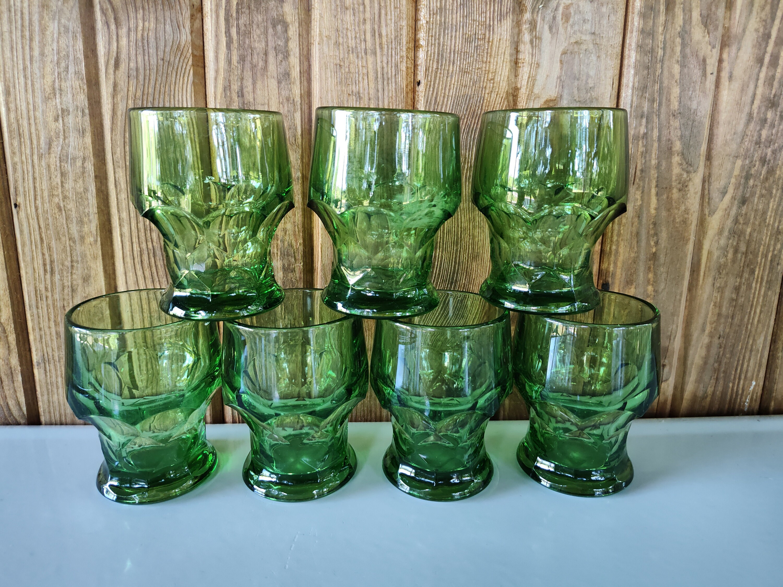 Vintage Green Glass Tumblers 1960's Diamond Pattern Green Etsy