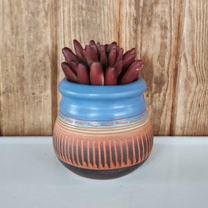 May include: A small, handcrafted ceramic pot with a blue top, orange middle section, and dark brown base. The pot is decorated with vertical lines and horizontal bands. It contains a succulent plant with dark red leaves. The pot is approximately 4 inches tall.