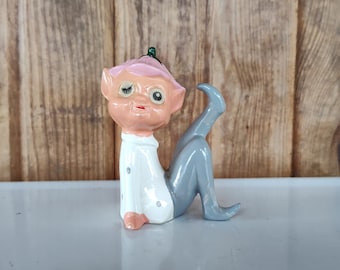 Vintage Pixie Elf Figurine, Winking Eyes Pixie Shelf Sitter, Flower Hat, 1950's Japan