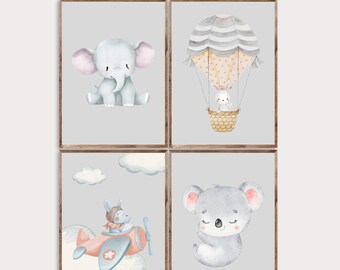 Set of 4 Nursery Poster | Set of 4 Nursery Wall Art | Baby Animal Decor | Grey Nursery Art