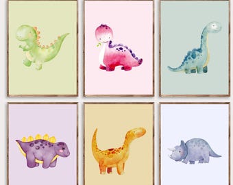 Set of 6 Dinosaur Nursery Wall Art | Watercolor Dinosaur Prints | Boys Room Decor | Nursery Room Art Decor | Dino Decor