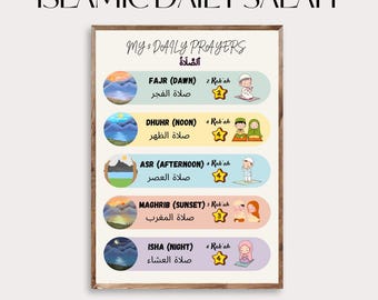 Kids 5 Daily Prayers Poster | Printable Islamic Wall Art | Muslim Kids Salah Poster | Arabic Prayer Learning Chart Nursery Decor