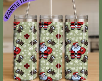 Könnte beinhalten: Drei Edelstahlbecher mit Deckeln und Strohhalmen. Die Becher haben ein sich wiederholendes Muster aus Weihnachtsmann, Rentieren, Schneeflocken und Blumen auf hellgrünem Hintergrund. Der Text "EXAMPLE PRODUCT" und "DIGITAL DOWNLOAD • NO PHYSICAL ITEM WILL BE SENT" sind sichtbar.