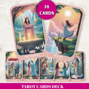 Pastellfantasi Tarotkortlek – 78 digitala tarotkort med drömsk skogskonst för intuitiva läsningar och andlig vägledning