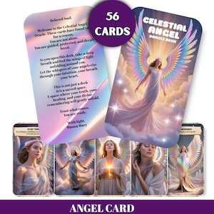 Può includere: Un mazzo di carte Oracle Celestial Angel con 56 carte. Il mazzo include illustrazioni di angeli e testo ispiratore. La scatola ha il testo "Celestial Angel Oracle Deck" e "56 CARDS". La parte inferiore della scatola recita "ANGEL CARD".