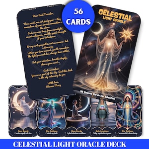 May include: A Celestial Light Oracle deck featuring 56 cards. The cards have celestial imagery with women, moons, and stars. The deck includes text such as "Dear Soul Traveler" and "56 Cosmic Cards for Intention". The deck is labeled "Celestial Light Oracle Deck".