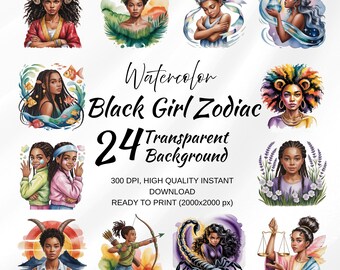 Pacote de clipart do zodíaco de menina negra – 24 signos astrológicos em aquarela, ilustrações do zodíaco afro-americano, download digital para impressão