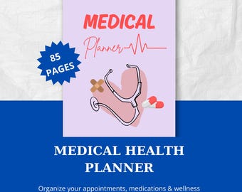 May include: A medical health planner with 85 pages. The cover is light purple with the words "MEDICAL Planner" in red and black. A stethoscope, bandage, and pills are illustrated. The bottom of the image reads "MEDICAL HEALTH PLANNER".