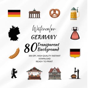 Puede incluir: Una colección de 80 ilustraciones en acuarela con temática alemana. Incluye la bandera alemana, la Puerta de Brandeburgo, un pretzel, una jarra de cerveza, un mapa de Alemania, una salchicha, un vestido tradicional, un escudo de armas, un oso, un mercado navideño, una casa y un grifo de cerveza.