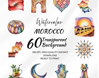 Watercolor Morocco Clipart Bundle – 60 Transparent PNG Moroccan Elements, Travel Icons, Boho North Africa Art