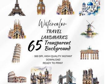 Watercolor World Landmarks Clipart Set – 65 Transparent PNG Travel Illustrations for Sublimation, Stickers & Prints