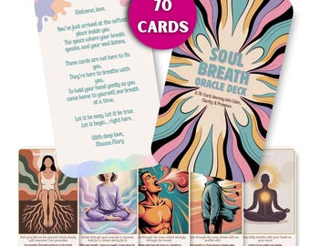 May include: A Soul Breath Oracle Deck with 70 cards, featuring colorful abstract designs and illustrations. The deck includes cards with text and images related to breathwork and mindfulness. The words "Soul Breath Oracle Deck" are displayed on the cards.