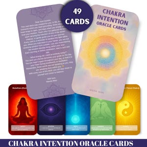 May include: A deck of 49 Chakra Intention Oracle Cards. The cards feature colorful illustrations and text, including the words "Chakra Intention Oracle Cards" and "Mauna Mary." The deck is designed for spiritual guidance and self-reflection.
