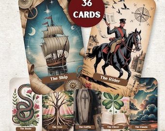 May include: A vintage Lenormand deck featuring 36 cards. Each card has a unique illustration, including a ship, rider on horseback, snake, tree, coffin, clover, and clouds. The deck has a sepia-toned aesthetic with the text "VINTAGE VISIONS LENORMAN DECK".