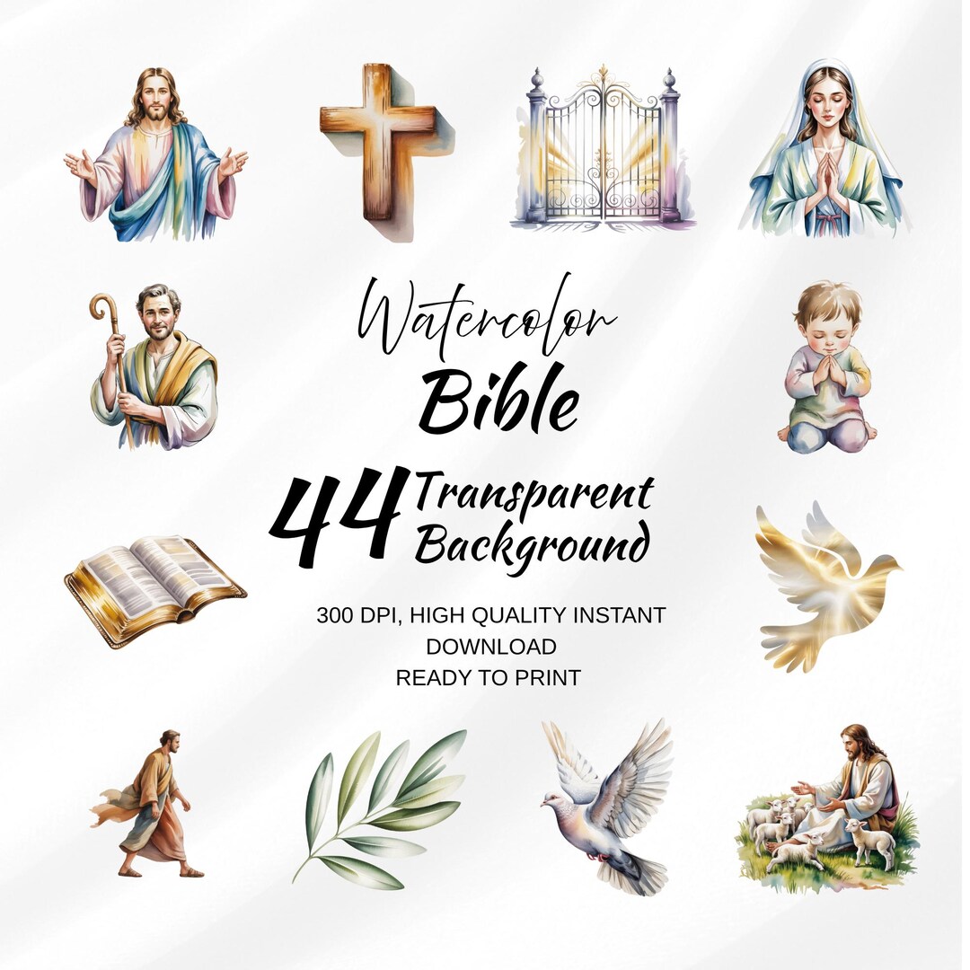Watercolor Bible Clipart Set – 44 Christian PNG Illustrations ...