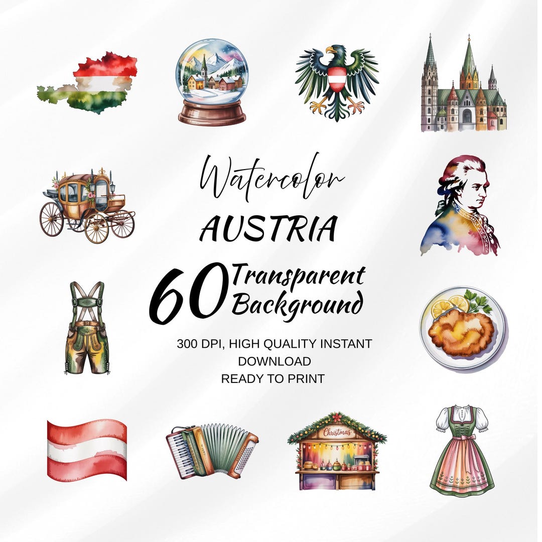 Austria Graphics Austria Watercolor Clipart Bundle – 60 Transparent Pngs, Alpine Travel ...