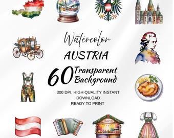 Austria Watercolor Clipart Bundle – 60 Transparent PNGs, Alpine Travel Illustrations, Austrian Culture Graphics