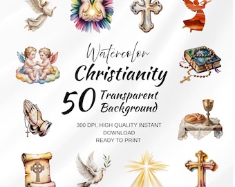 Zestaw chrześcijańskich clipartów akwarelowych – 50 przezroczystych symboli wiary w formacie PNG, ilustracji Biblii, krzyża, anioła i kościoła