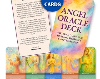 May include: An Angel Oracle Deck with 44 cards. The deck features colorful illustrations and the words "Angel Oracle Deck" and "Spiritual Guidance, Healing Messages & Affirmations." The cards are designed to offer comfort and guidance.