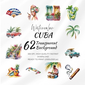 May include: Watercolor illustrations featuring Cuban themes. Includes images of a fan, a woman with a cigar, colorful buildings, a mojito, a red convertible, a palm tree, a staircase, a vintage car, a pineapple with sunglasses, a map of Cuba, a man playing drums, and a cigar.