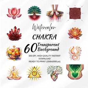 Puede incluir: Imágenes de acuarela de chakras con fondo transparente. La imagen incluye ilustraciones de una flor de loto, un árbol, pies, un mandala, cristales, fruta y una figura humana. El texto dice "Watercolor CHAKRA 60 Transparent Background".