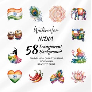 Pode incluir: Ilustrações em aquarela da Índia, incluindo a bandeira indiana, uma pena de pavão, um mandala, um elefante, tambores tabla, uma dançarina, um tuk-tuk, uma bandeira em forma de coração, pimentas, um turbante e uma flor de lótus. O texto diz "Watercolor INDIA".