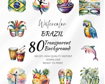 Watercolor Brazil Clipart Bundle – 80 Tropical PNGs with Transparent Background for Sublimation, Stickers & Crafts
