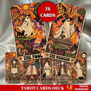 May include: A tarot card deck featuring 78 cards with colorful, psychedelic illustrations of ghosts in witch hats. The cards display titles like The Fool, The Magician, The Emperor, The Lovers, The High Priestess, The Hierophant, and The Empress.