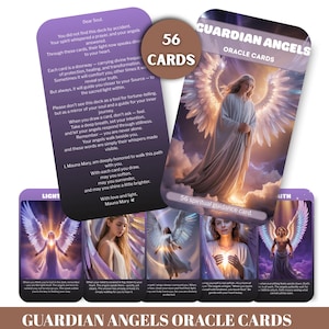 Puede incluir: Una baraja de 56 cartas de oráculo de Ángeles Guardianes. Las cartas presentan imágenes de ángeles con alas y texto inspirador. La baraja incluye una carta con el texto "Dear Soul" y "56 Cartas". Las cartas son moradas, blancas y marrones.