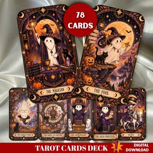 May include: A 78-card tarot deck featuring ghost-themed illustrations in purple and orange tones. The cards display characters like The Magician, The Fool, The Hanged Man, The Wheel of Fortune, The Hierophant, The High Priestess, and Death.
