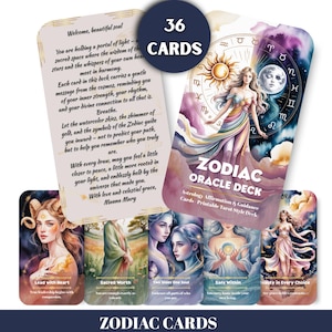 May include: A Zodiac Oracle Deck with 36 cards. The deck features illustrations of celestial figures and zodiac symbols. The cards are designed for astrology affirmation and guidance, with text on each card. The words "Zodiac Oracle Deck" are prominently displayed.