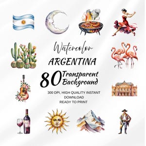 Peut inclure: Illustrations à l'aquarelle sur le thème de l'Argentine. Comprend un drapeau, une lune, un barbecue, une danseuse, des cactus, des flamants roses, une guitare, un bâtiment, du vin, un soleil, des montagnes et un gaucho. Le texte indique "Watercolor ARGENTINA 80 Transparent Background".